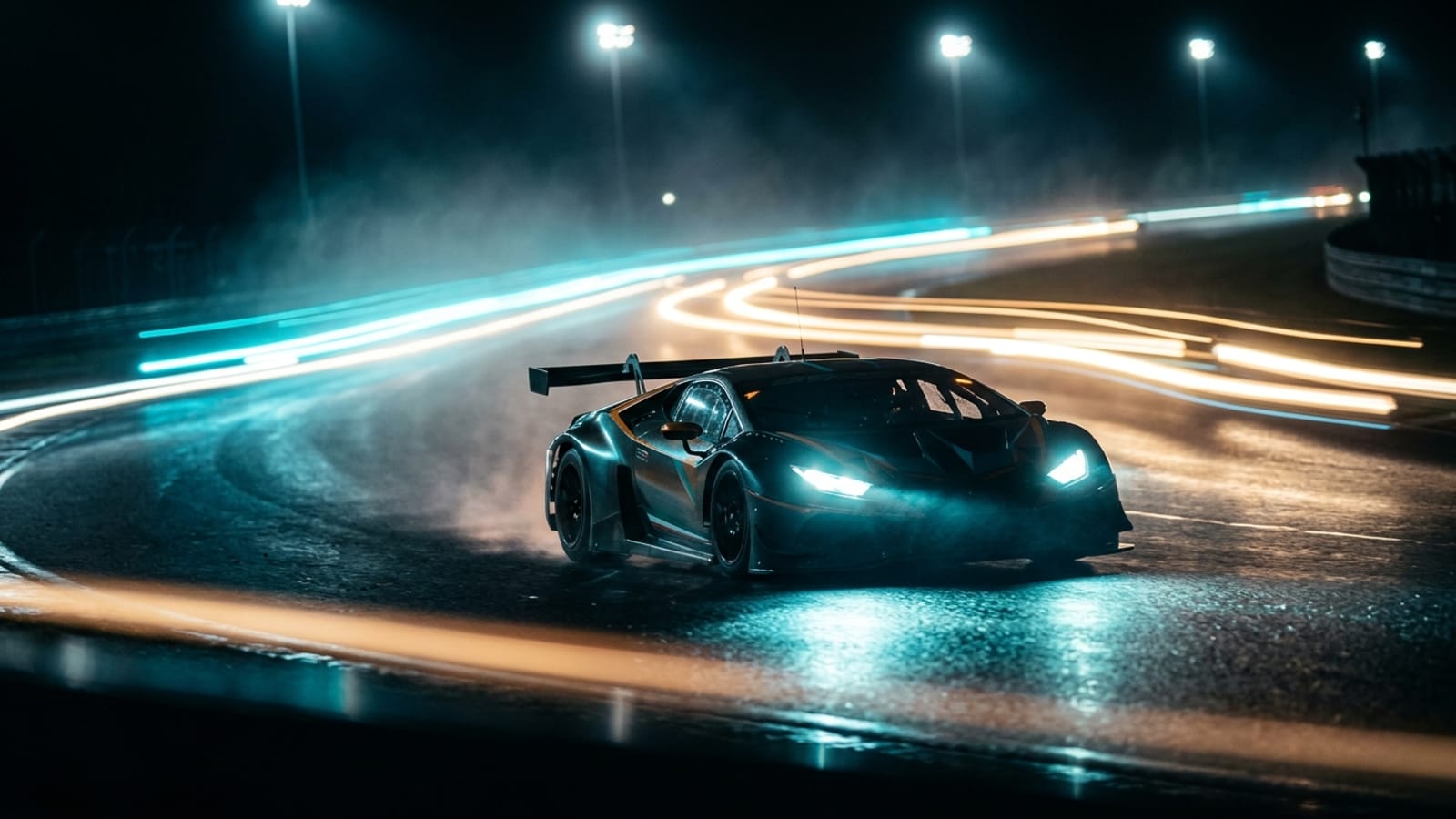 Race car on a floodlit night circuit with cyan and amber light trails